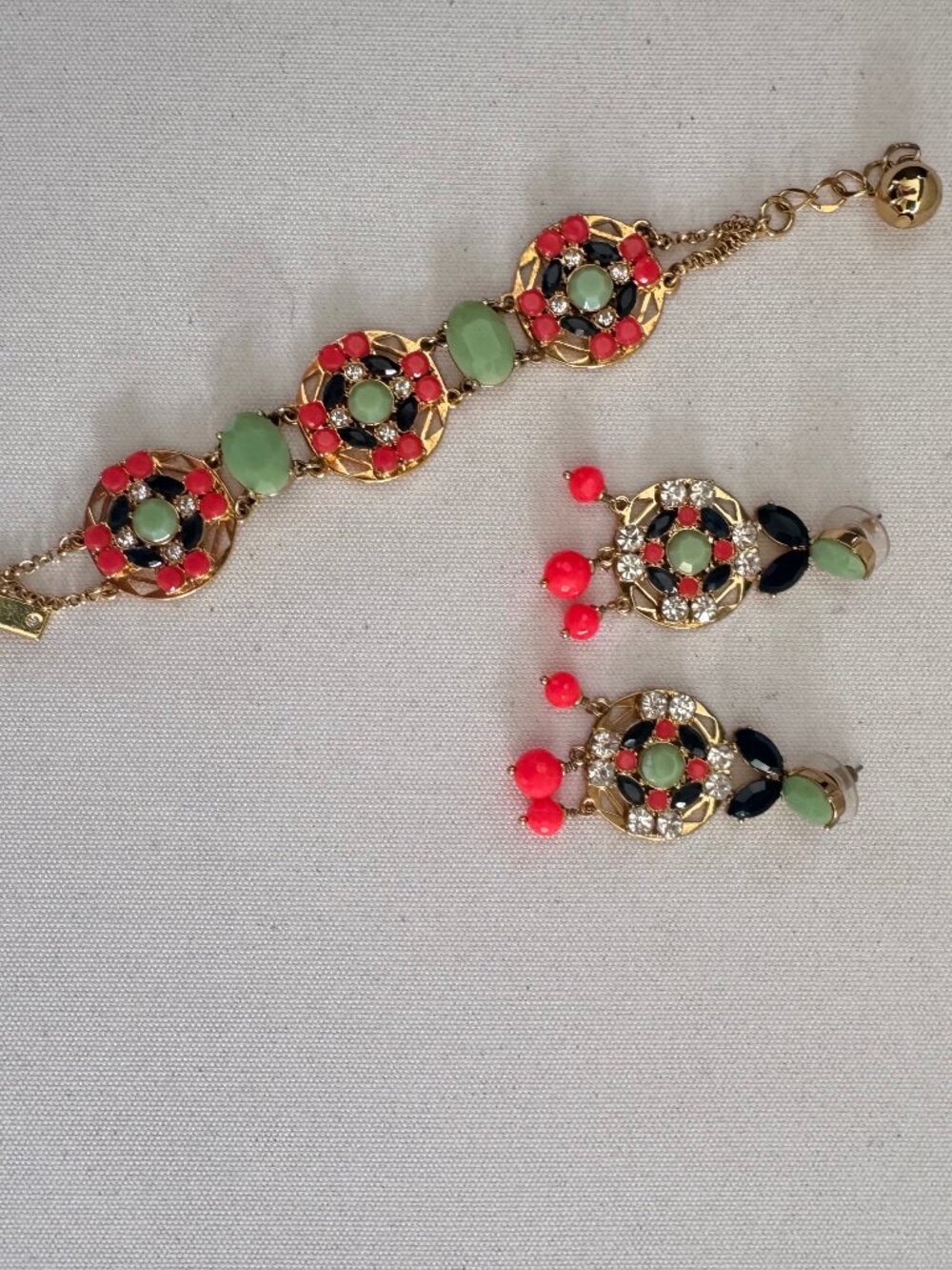 Bracelet and Earrings Set Gold Tone Coral, Mint Green, Navy Rhinestone Jewelry